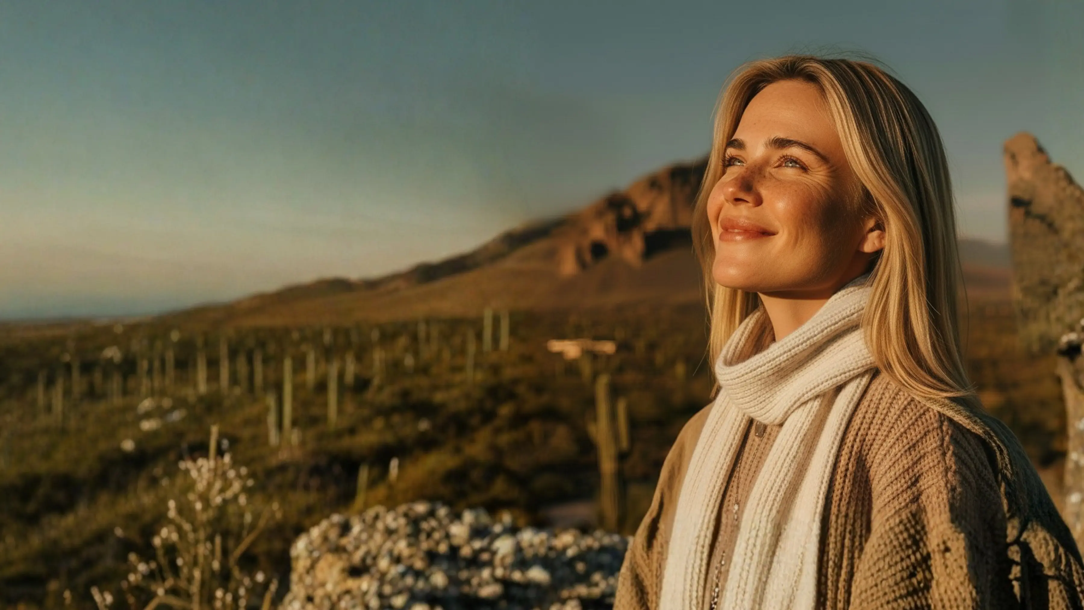 Smiling woman wearing a beige sweater and white scarf looking up with a desert landscape and mountains in the background.