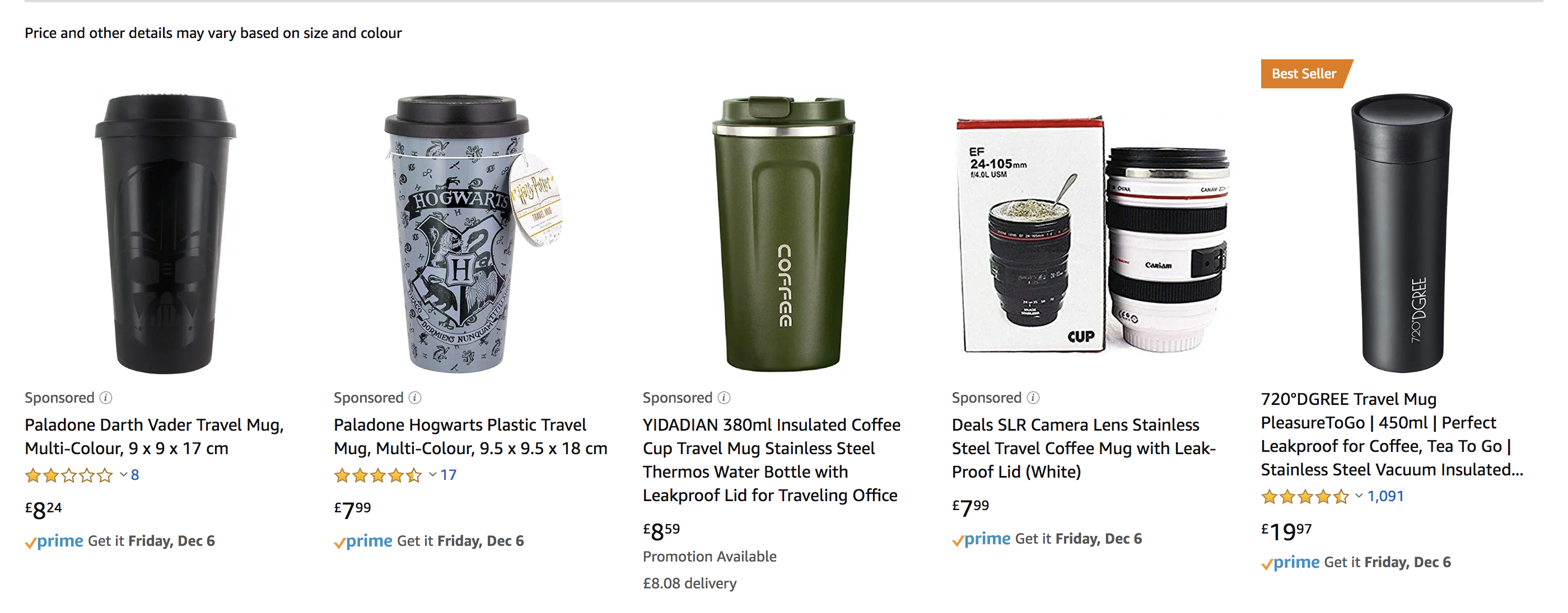 Sceenshot of sponsored coffee mugs on Amazon