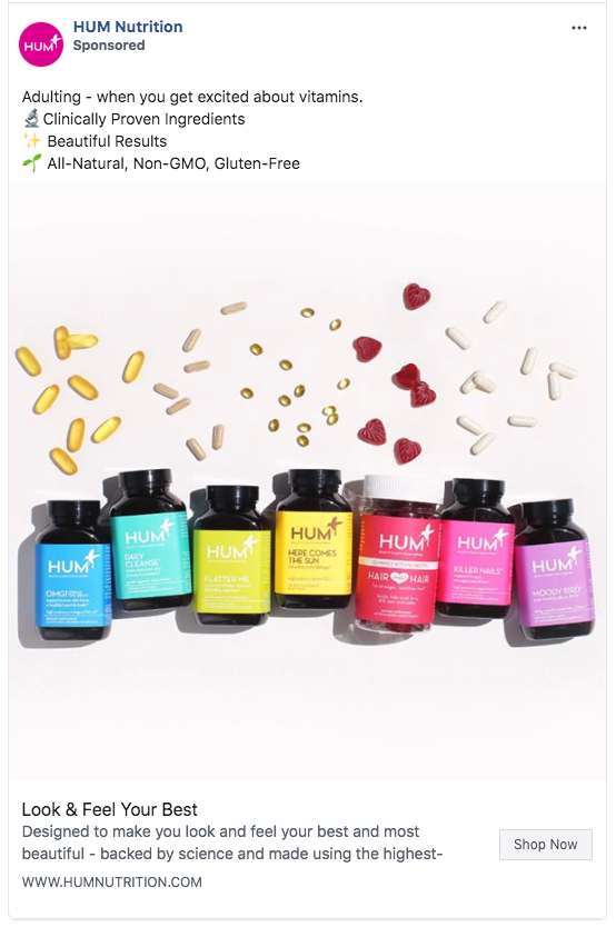 Facebook advertisement for HUM Nutrition which is a supplement company. The picture shows a line up of their supplement bottles and the contents of them. 
