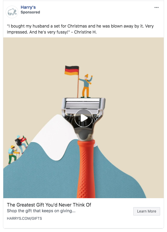 Facebook advertisement showing a video for Harry’s which is a men’s shaver brand. They use creativity with paper to construct the video. It shows a flag for Germany which means this was targeting a specific country.