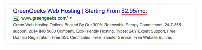 Google Ad showing GreenGeeks web hosting
