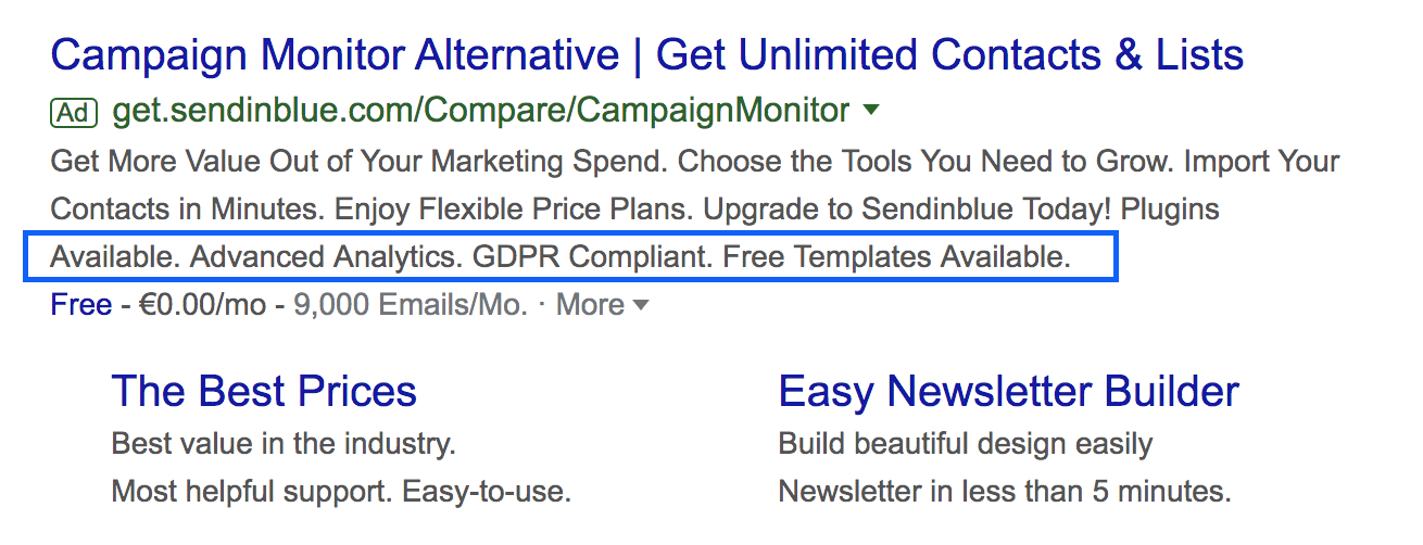 Screenshot of Campaign monitor ad in Google search