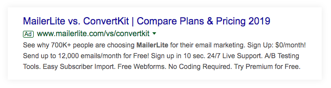 Google ad showing a comparison add for Mailerlite vs Convertkit