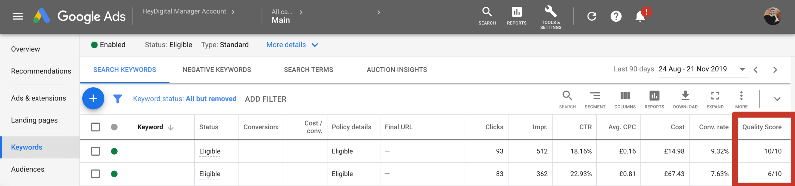 Screenshot showing Google Ads Quality Score in Google Ads Dashboard