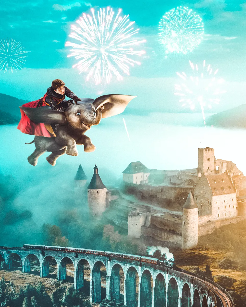 Harry Potter flying on Dumbo the elephant in a fantasy Photo Manipulation