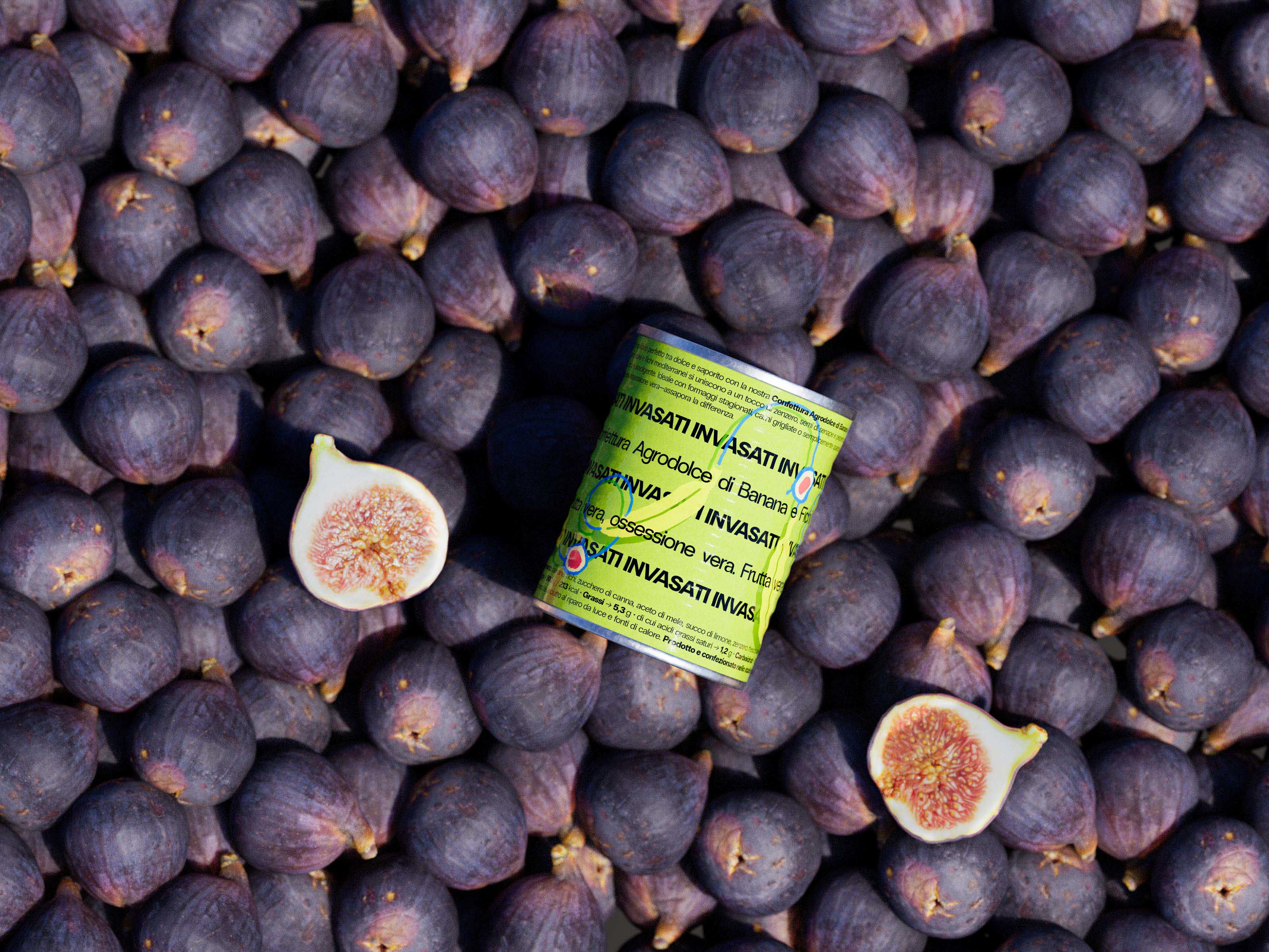 This artful product photograph showcases the INVASATI brand's fig preserve tin nestled amongst an abundance of ripe, deep purple figs. The striking composition creates a vivid visual contrast between the tin's modern, minimalist design and the organic, textured figs. The vibrant lime green and silver color scheme of the metallic container stands out boldly against the dark, earthy tones of the fruit, drawing the eye directly to the branded product. Strategically placed halved figs establish a clear connection between the raw ingredient and the finished preserve, reinforcing the artisanal, high-quality nature of the INVASATI brand. Soft, even lighting accentuates the rich hues and varied surfaces, eliciting a sense of premium indulgence and culinary craftsmanship.
