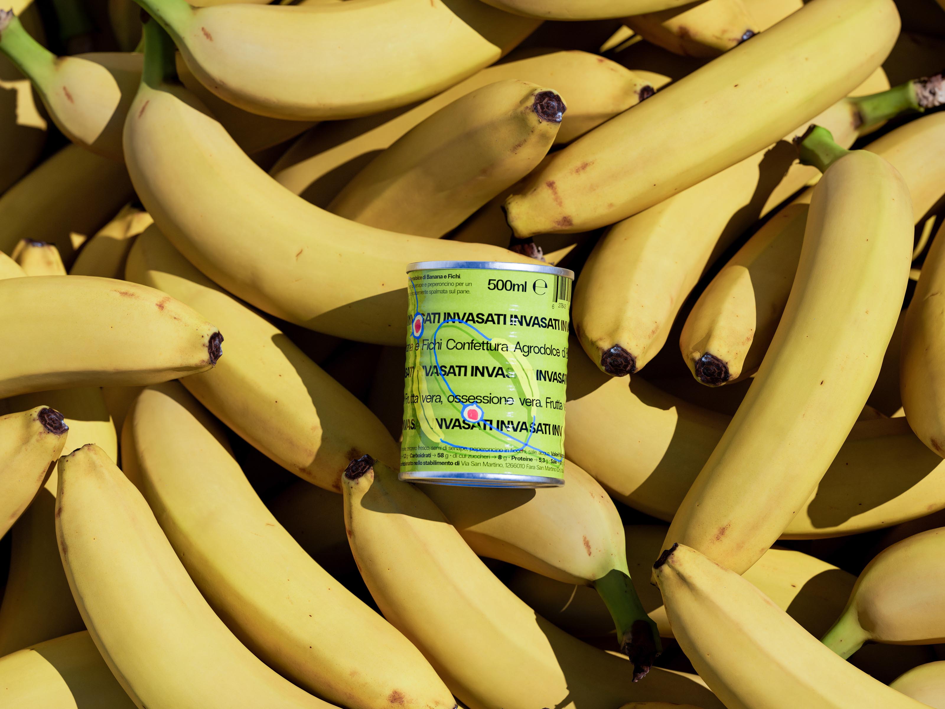 A vibrant commercial photograph features the INVASATI banana preserve tin strategically placed among dozens of fresh, ripe yellow bananas that fill the entire frame. The metallic container, sized at 500ml, creates a compelling visual connection between the raw ingredient and the finished product. The composition demonstrates clever product styling, with the bananas arranged in an organic, overlapping pattern that emphasizes abundance and freshness. The lighting is bright and even, highlighting the natural yellow color of the bananas while ensuring the preserve container remains a clear focal point despite being surrounded by its primary ingredient. This creative product photography effectively communicates the authentic, fruit-forward nature of the preserve while maintaining professional commercial photography standards. The green accents on the tin's label subtly echo the fresh green stems of the bananas, creating a cohesive color story that reinforces the product's commitment to using real, quality fruit.