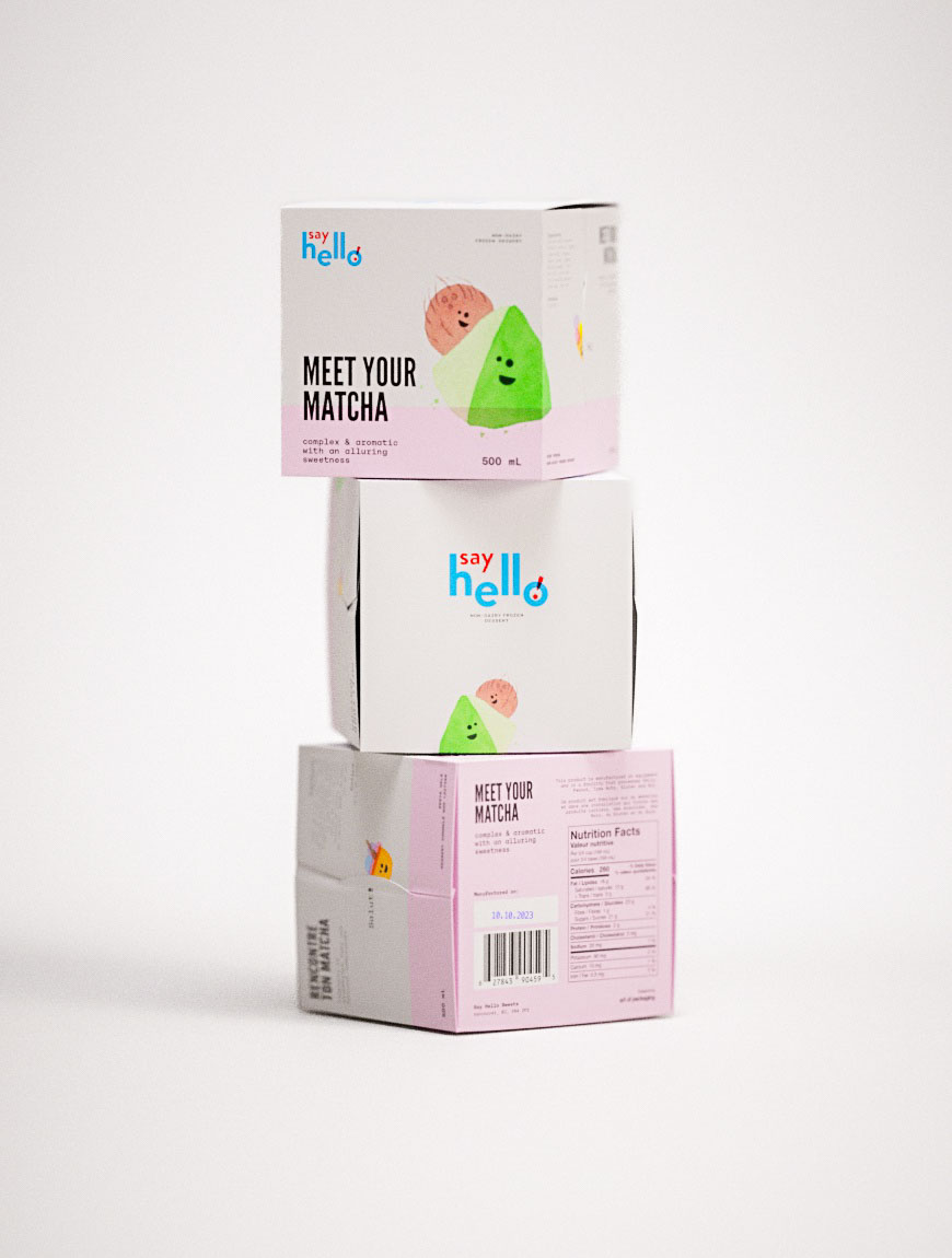 nnovative Meet Your Matcha packaging design featuring anthropomorphic matcha and cookie characters with romantic narrative branding and soft pink background color treatment. Strategic character design implementation showcases emotional connection marketing, sophisticated color psychology application, and contemporary frozen dessert branding methodology. Coconut cream base product highlighting through playful mascot interaction, professional typography treatment, and targeted consumer engagement visual storytelling. Design demonstrates dual-character dynamic tension, geometric form simplification, and premium dairy-free positioning through carefully positioned facial features and compositional balance maintaining visual stability.