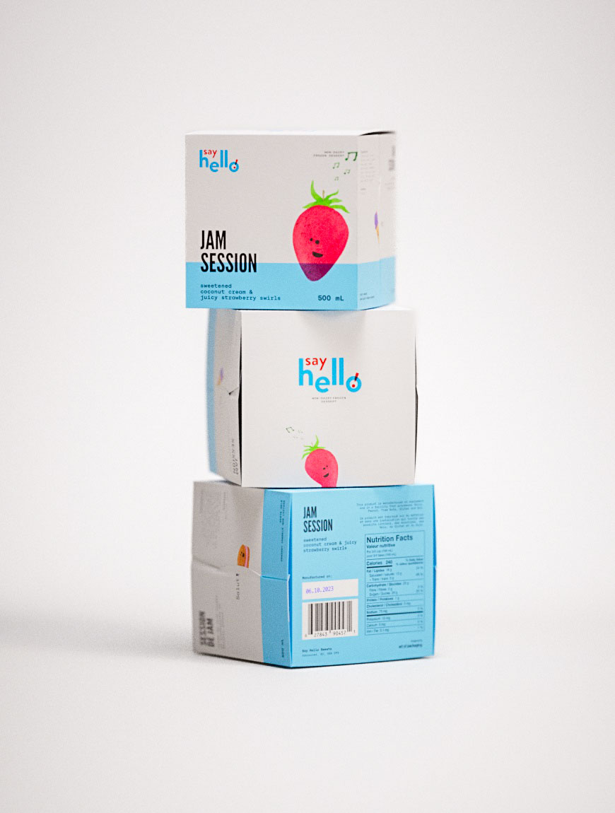Professional packaging design showcasing anthropomorphic strawberry character branding for Say Hello dairy-free ice cream. Features minimalist white background with strategic blue accent color implementation, clean sans-serif typography hierarchy, and emotional character design elements. Jam Session flavor positioning through playful mascot illustration, premium frozen dessert visual identity, and contemporary brand storytelling. Design demonstrates sophisticated color palette selection, balanced compositional structure, and targeted consumer engagement through friendly facial expression graphics. Coconut cream and strawberry swirl product branding utilizing character-driven narrative, modern packaging aesthetics, and strategic visual communication principles for plant-based dessert market positioning.