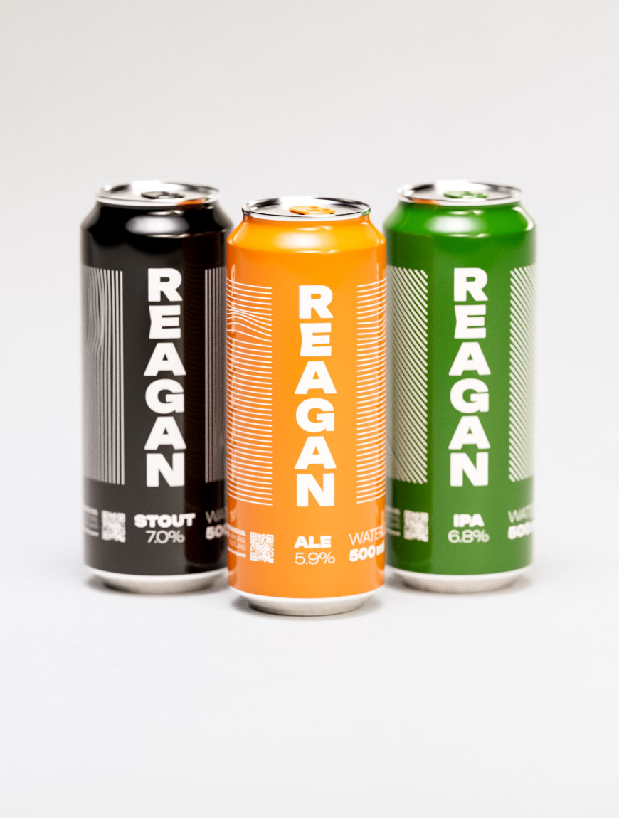 Comprehensive craft beer brand system displaying Reagan's complete product lineup: black stout (7.0% ABV), orange ale (5.9% ABV), and green IPA (6.8% ABV) in cohesive packaging design presentation. Each variant maintains consistent brand architecture while employing strategic color differentiation for product identification and market positioning. The black stout features "REAGAN" branding with premium dark beer positioning, while the green IPA showcases 6.8% ABV strength targeting hop-forward consumers. Vertical typography treatment creates strong brand recognition across all SKUs, supported by horizontal line patterns that unify the product family. Design system demonstrates professional understanding of craft beer market segmentation, consumer psychology, and retail packaging requirements. Studio photography emphasizes clean lines, professional presentation, and portfolio-quality documentation of brand identity execution.