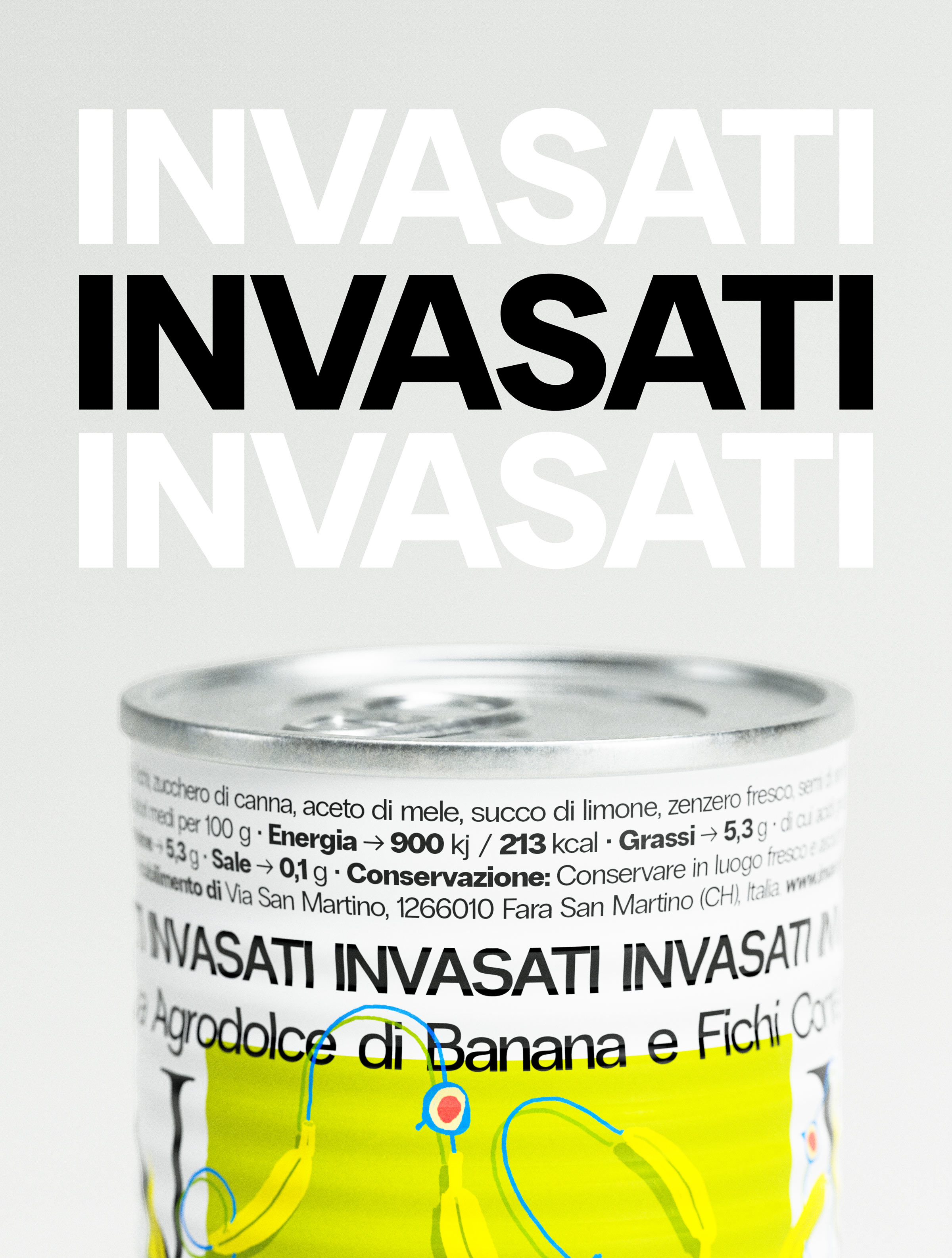 Innovative packaging design for INVASATI canned agrodolce featuring bold typographic repetition and minimalist label design. Premium food packaging photography showcasing Italian artisanal preserve branding with banana and fig sweet-and-sour condiment. Clean studio photography highlights the design agency's strategic approach to typographic hierarchy, information architecture, and contemporary food packaging design. The aluminum can features precise label placement with nutritional information and brand storytelling elements, demonstrating the design studio's expertise in premium food packaging and Italian culinary branding solutions.