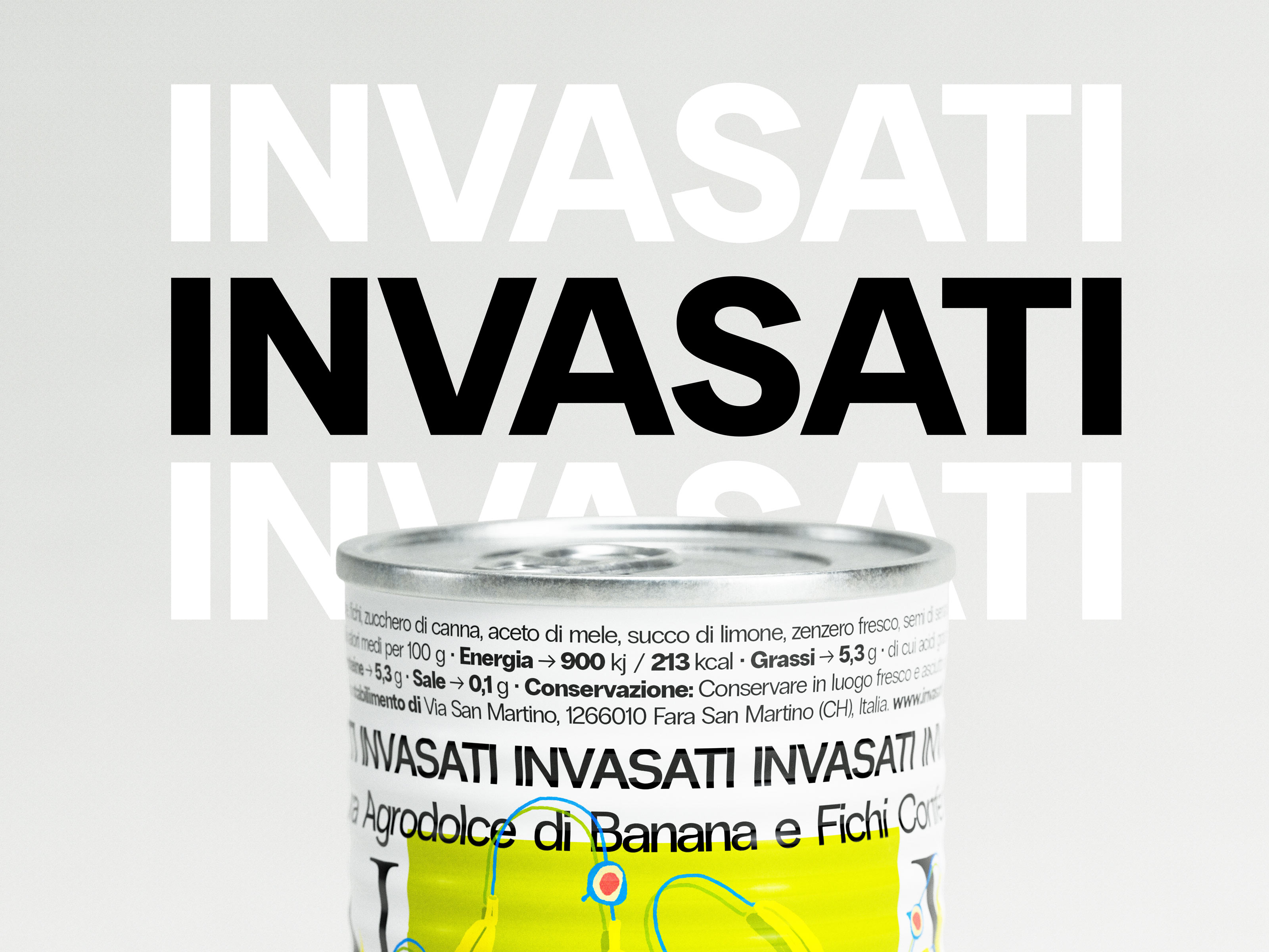 Professional packaging design execution for INVASATI Italian preserve brand featuring dynamic typographic treatment and strategic visual communication. Design studio portfolio piece showcasing aluminum can packaging with repetitive brand typography creating bold visual impact. The agrodolce banana and fig preserve packaging demonstrates the design agency's mastery of information hierarchy, bilingual typography, and premium food branding. Minimalist studio photography emphasizes the packaging design's clean aesthetic, precise label application, and thoughtful brand positioning for artisanal Italian food products, highlighting the creative studio's capabilities in contemporary food packaging design and brand identity development.