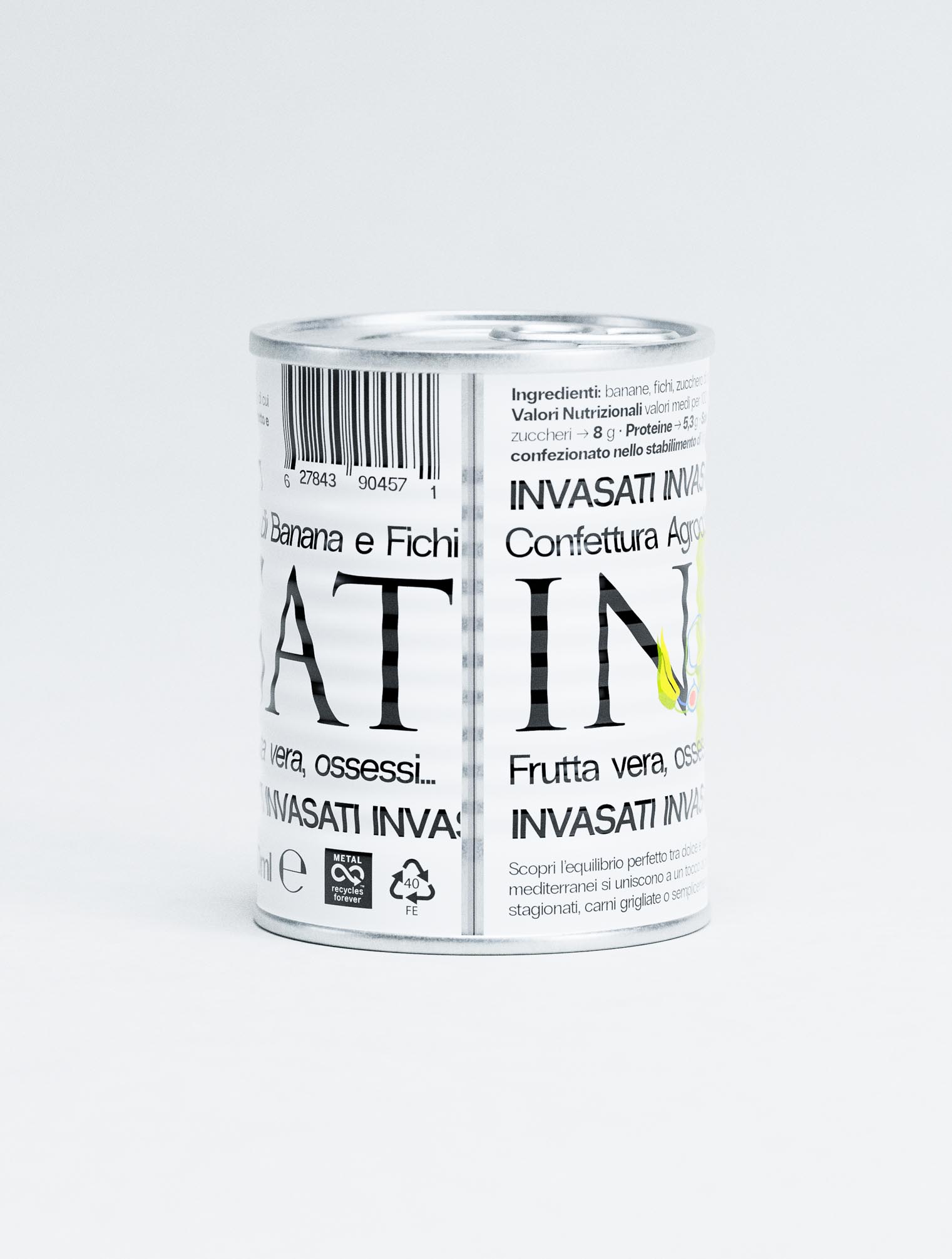 A rear-three-quarter view reveals the label architecture: barcode, recycling icons, and regulatory copy aligned within narrow columns, demonstrating graphic design discipline. The wordmark fragments (“…INVA…”) wrap across the seam, maintaining momentum. Matte paper texture contrasts with the metallic rim and lid, photographed against a neutral background. The composition showcases packaging design systems thinking from a packaging design agency, balancing compliance and brand expression.