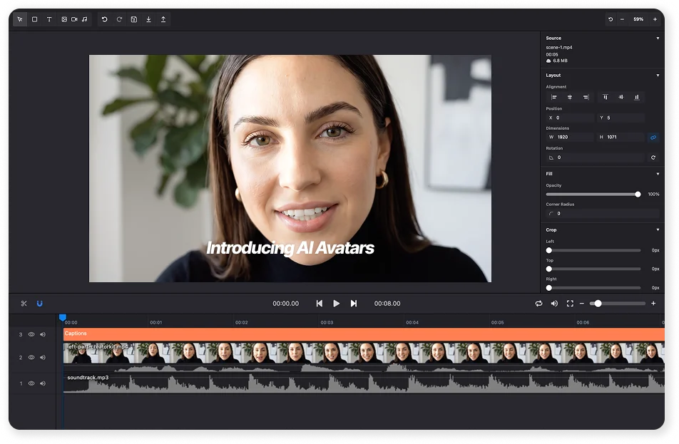 CreatorKit AI video editor with AI avatar video, captions timeline, and soundtrack for marketing and sales content creation.