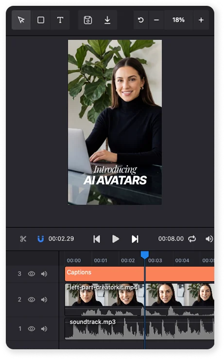 Mobile AI video editor displaying an AI avatar video with captions and timeline for fast content creation.
