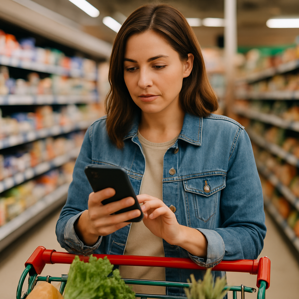 Woman shopping for groceries and looking at ads on her phone