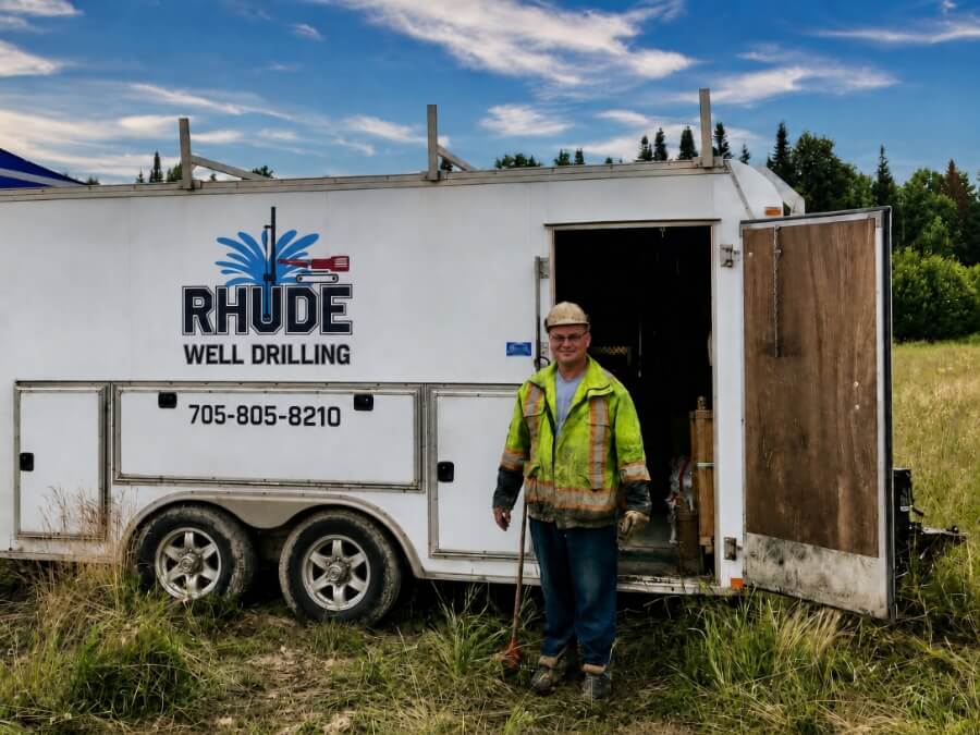 A well inspection technician standing in front of a trailer.