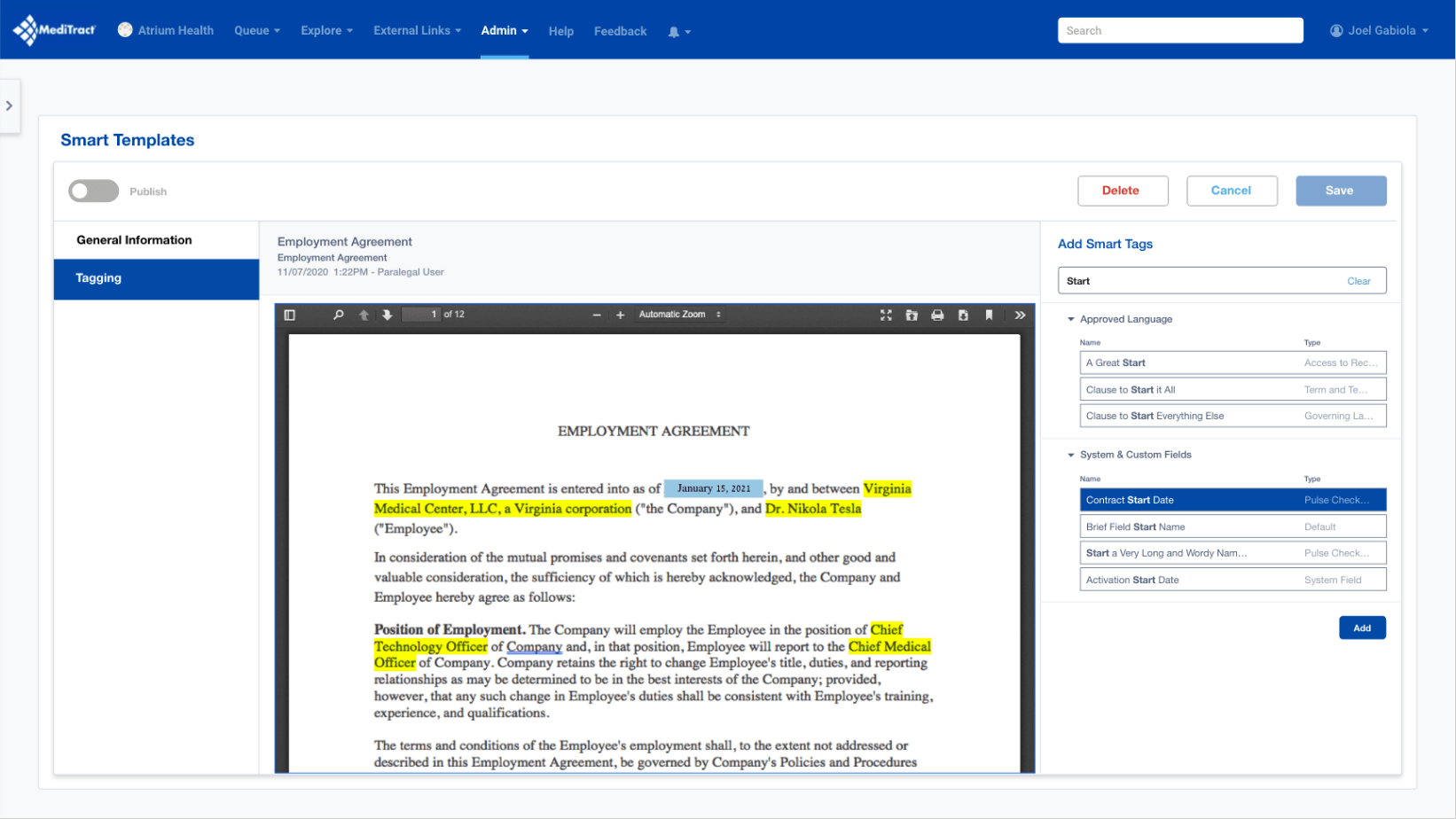 Highlight text in the contract