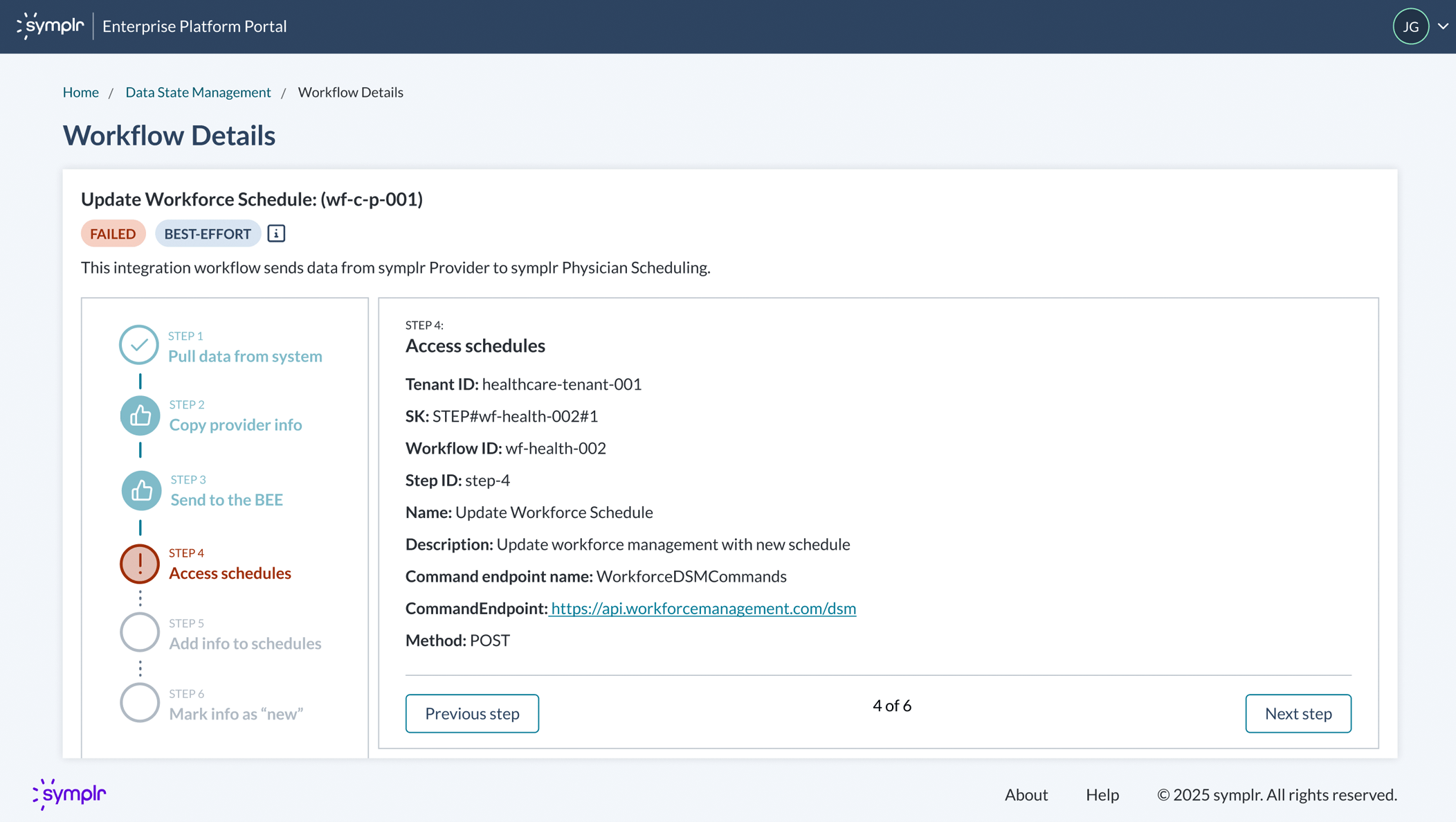 Workflow details page focusing on error information
