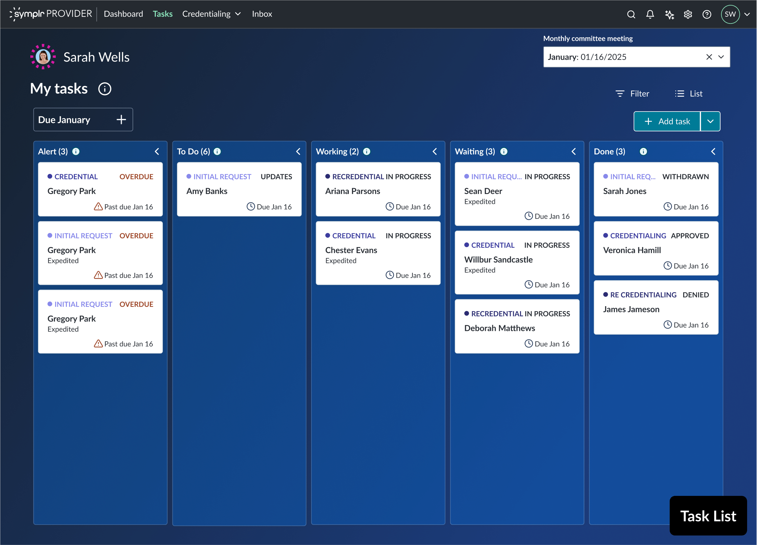 Credentialing kanban board