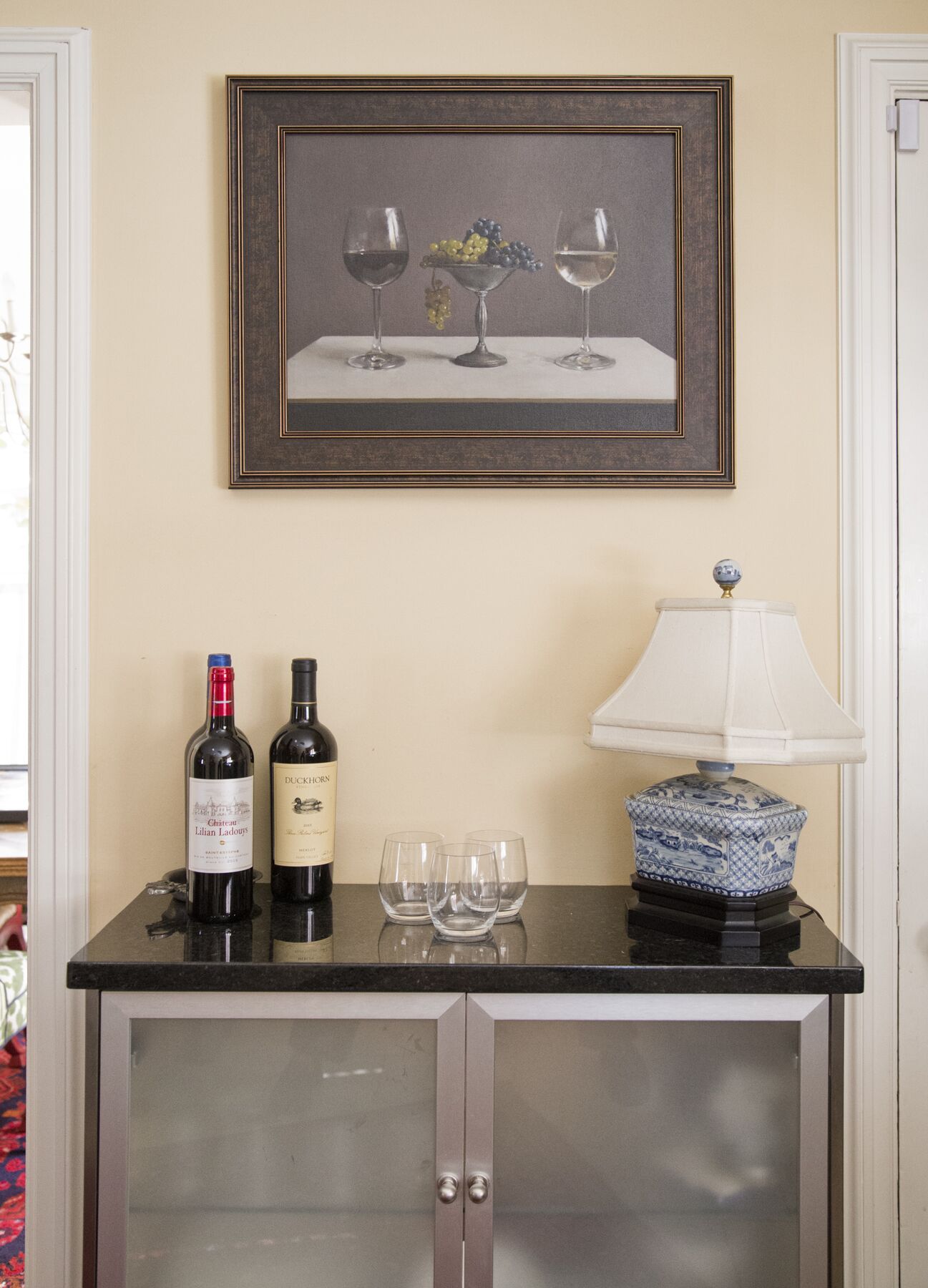 Click to enlarge image Yin Yang, an oil painting of wine glasses and grapes by artist E. Vincent Wood III