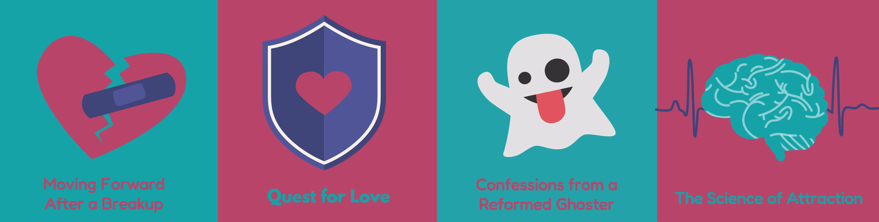 list of dating topics such as dating during COVID-19, sexual racism, science of dating, quest for love
