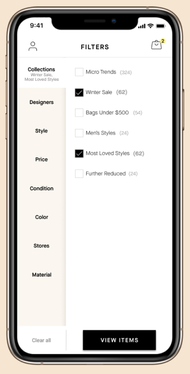 iPhone filters screen with categories on the left, including Collections, Designers, Style and Price, and checkbox options with item counts on the right, plus Clear all and View items buttons.
