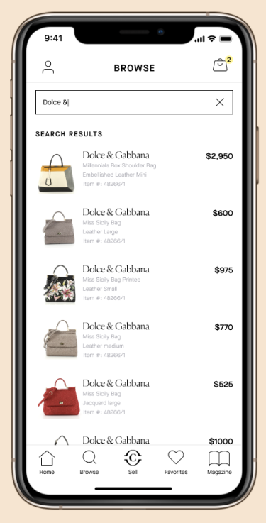 iPhone search screen with the query Dolce and Gabbana, showing a list of matching bags with photo, name, item number and price.