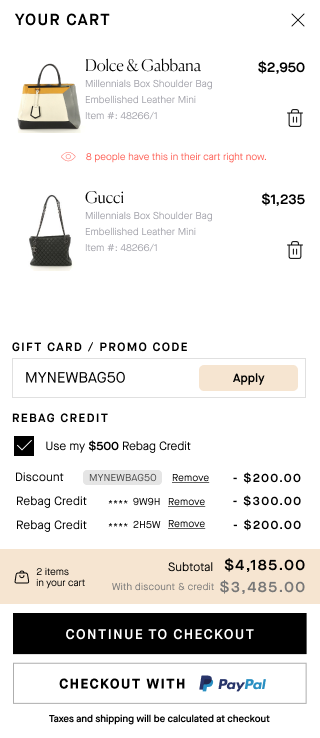 Mobile cart with two bags, a note that 8 people have one of them in their cart, a promo code field, a Rebag credit section with applied discounts, and Continue to checkout and PayPal buttons.
