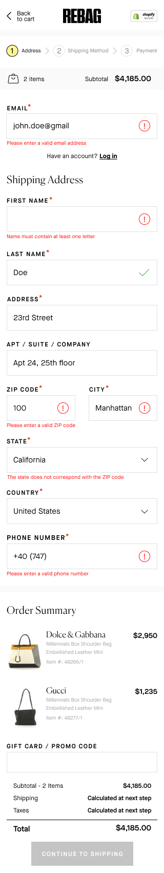 Mobile checkout address step showing inline error messages under the email, first name, ZIP code, state and phone fields, with the order summary below.