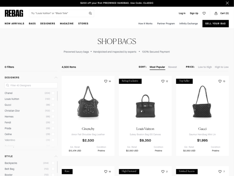 Black-and-white wireframe of the Shop Bags listing page with filters on the left and a grid of bag cards showing badges, prices and conditions.