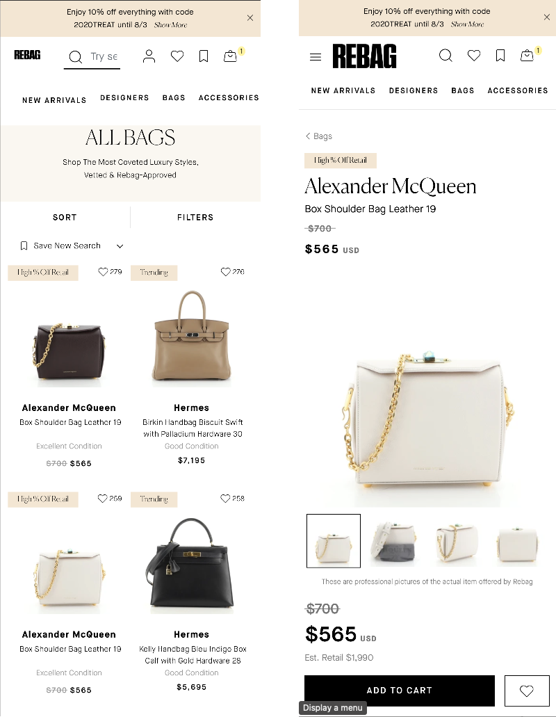 Mobile listing page and mobile product page side by side, showing sort and filter controls, a two-column grid of bags, and a product page with price and Add to cart.