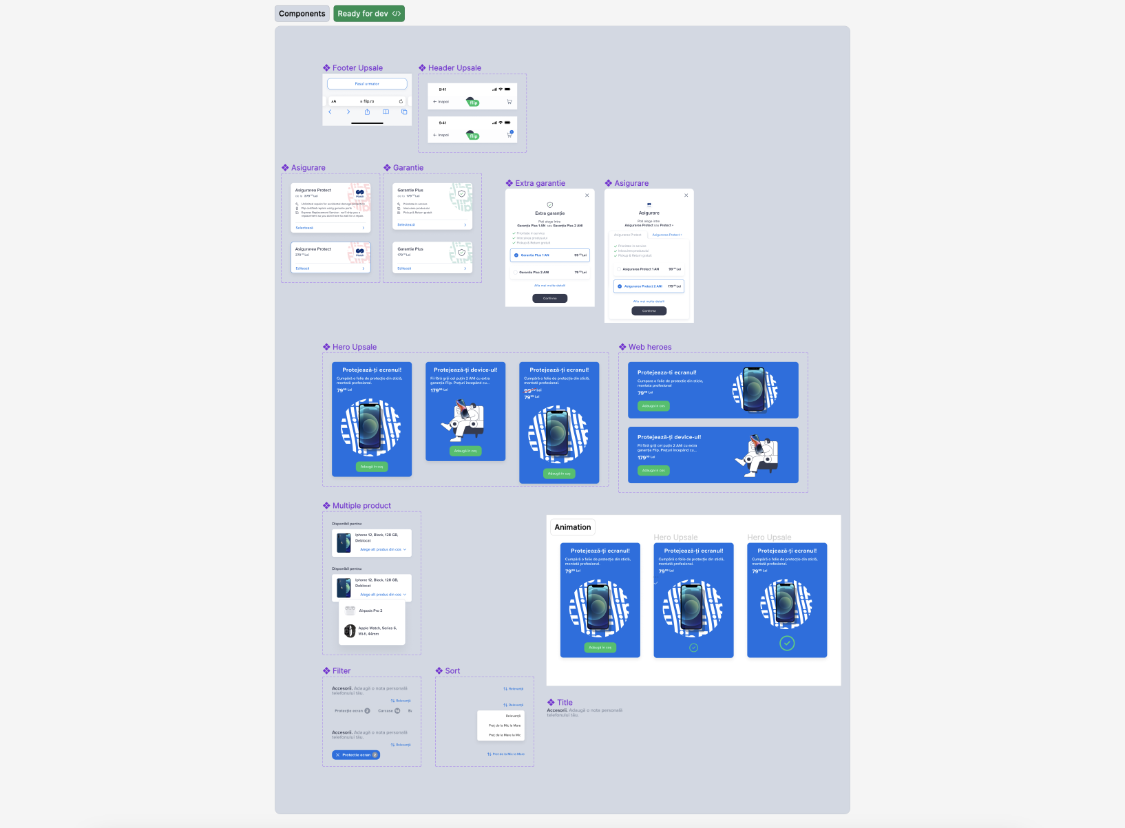 Component sheet for the upsell page: product cards, warranty options, featured accessory banners in blue, filter chips and the checkout button, in mobile and desktop sizes.