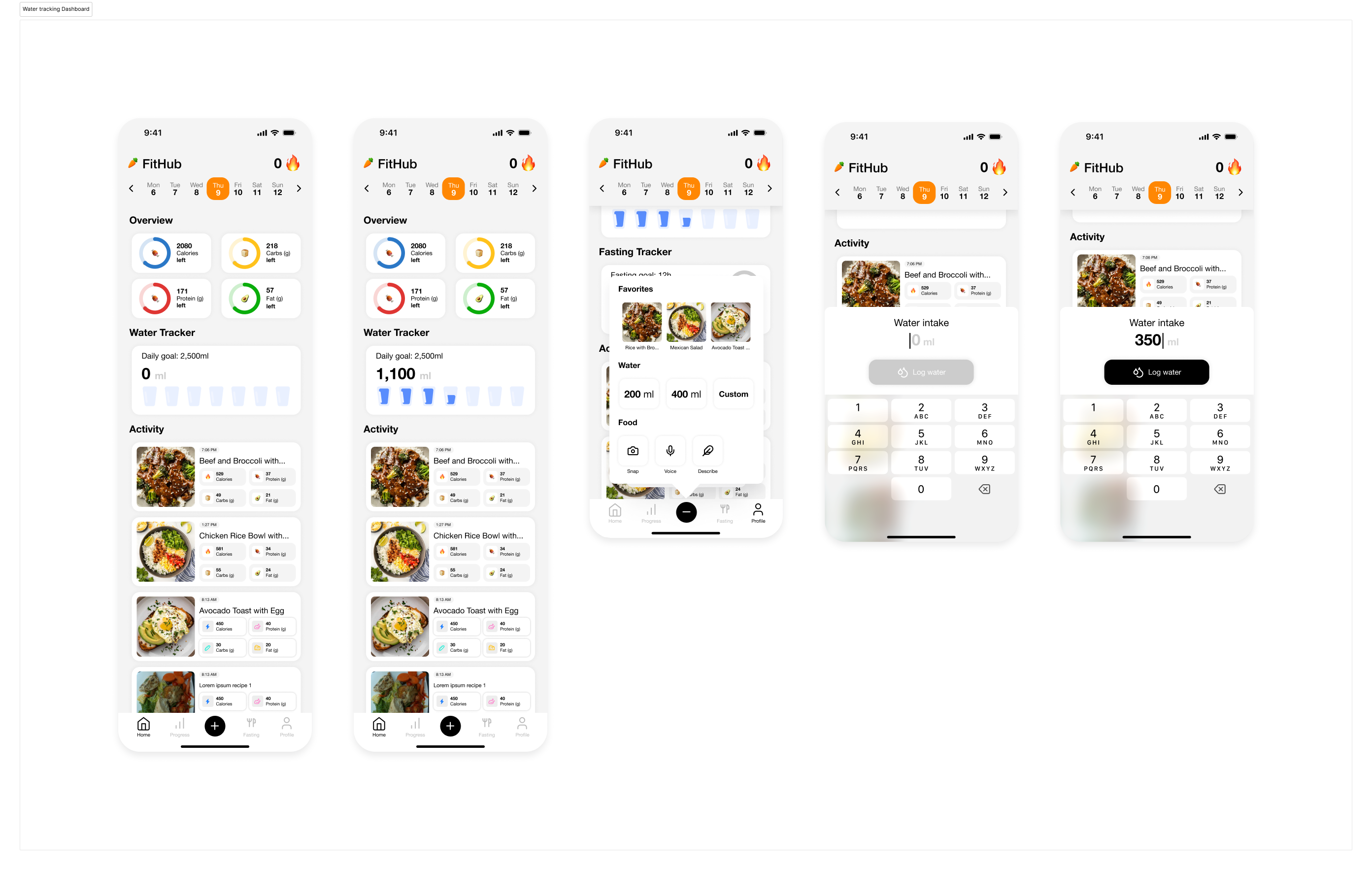 Five Fithub screens showing the daily dashboard with progress rings, a water tracking card, recipe suggestions, and a flow for logging water intake.