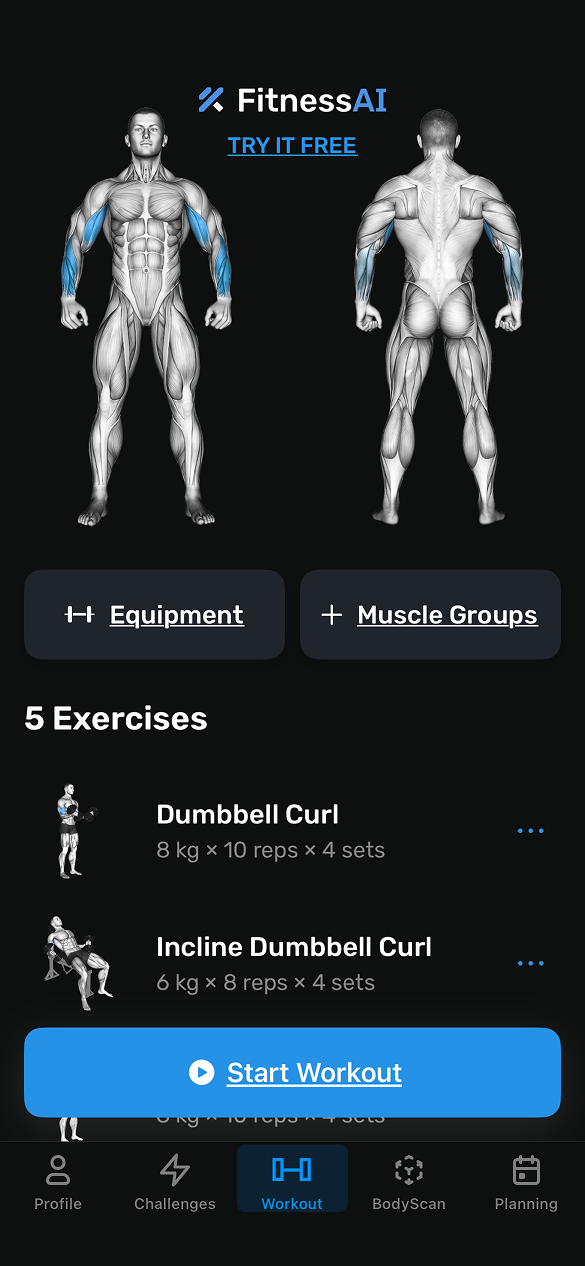 Fitness AI workout screen with front and back muscle maps highlighting the arms, Equipment and Muscle Groups buttons, a list of five exercises with weights and reps, and a Start Workout button.