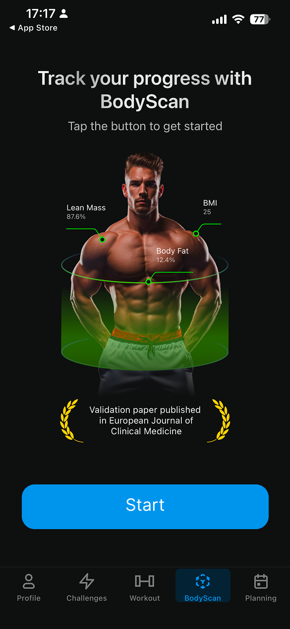 Fitness AI BodyScan start screen: the heading Track your progress with BodyScan, a 3D body with labels for lean mass, BMI and body fat, a note about a published validation paper, and a Start button above the bottom navigation.