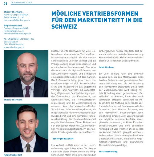 Mögliche Vertriebsformen für den Markteintritt in die Schweiz