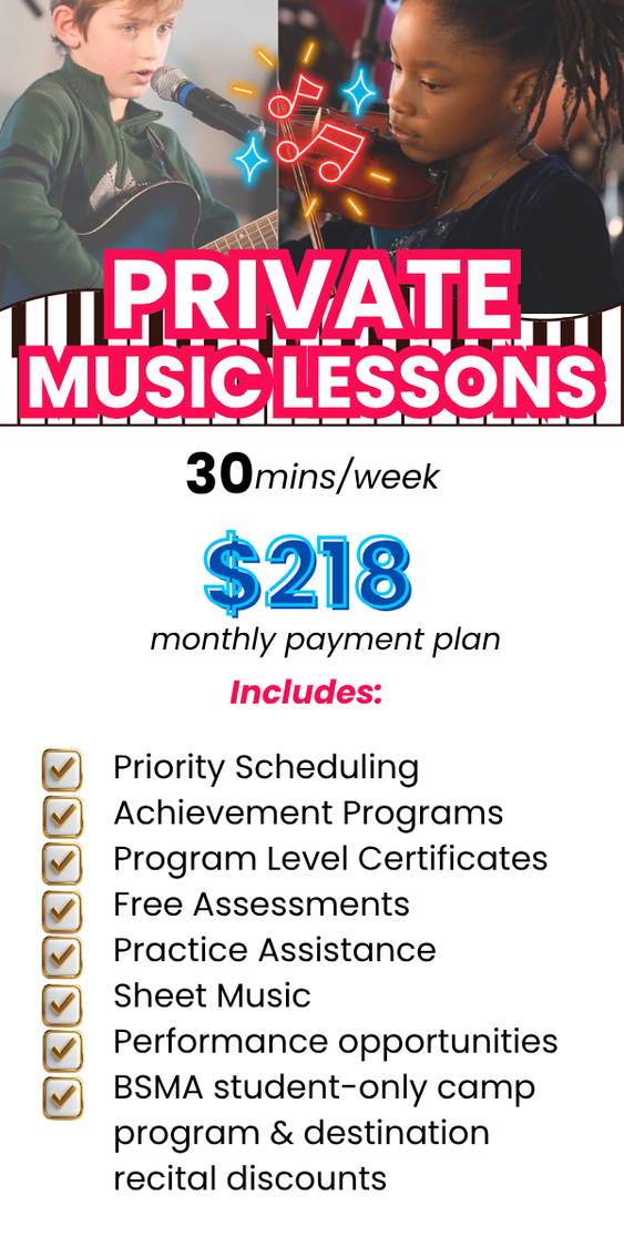 Boston School of Music Arts private music lessons students play together  like a boy playing guitar and a girl playing violin, with pricing of $208 per month for 30 minutes per week and listed benefits including priority scheduling and free assessments.