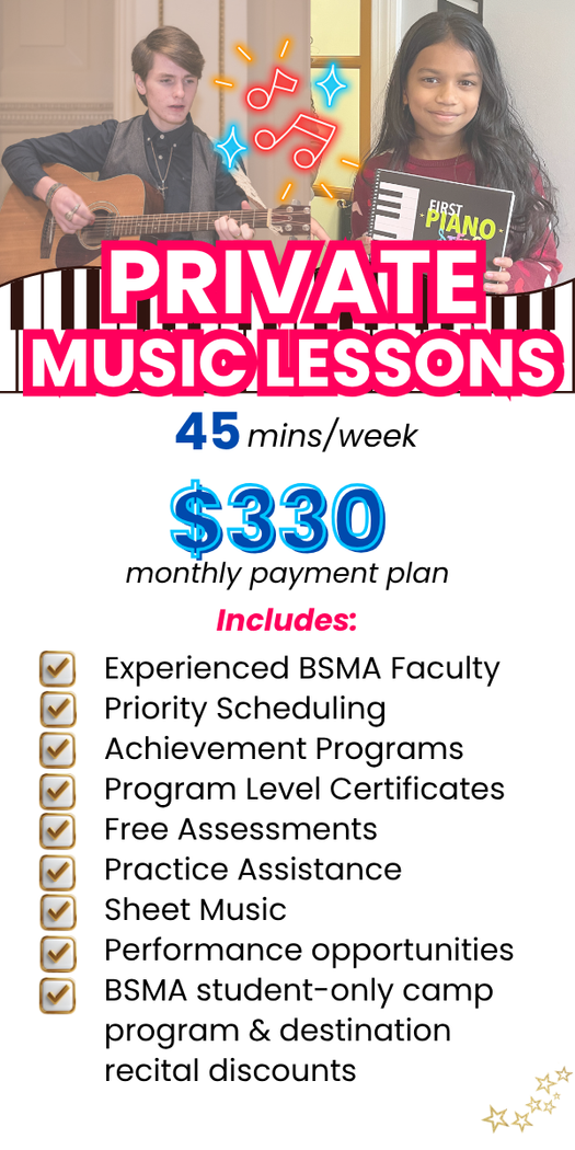 Boston School of Music Arts private music lessons students play together like a boy playing guitar and a girl holding a piano book, with pricing of $312 per month for 45 minutes per week a list of included benefits.