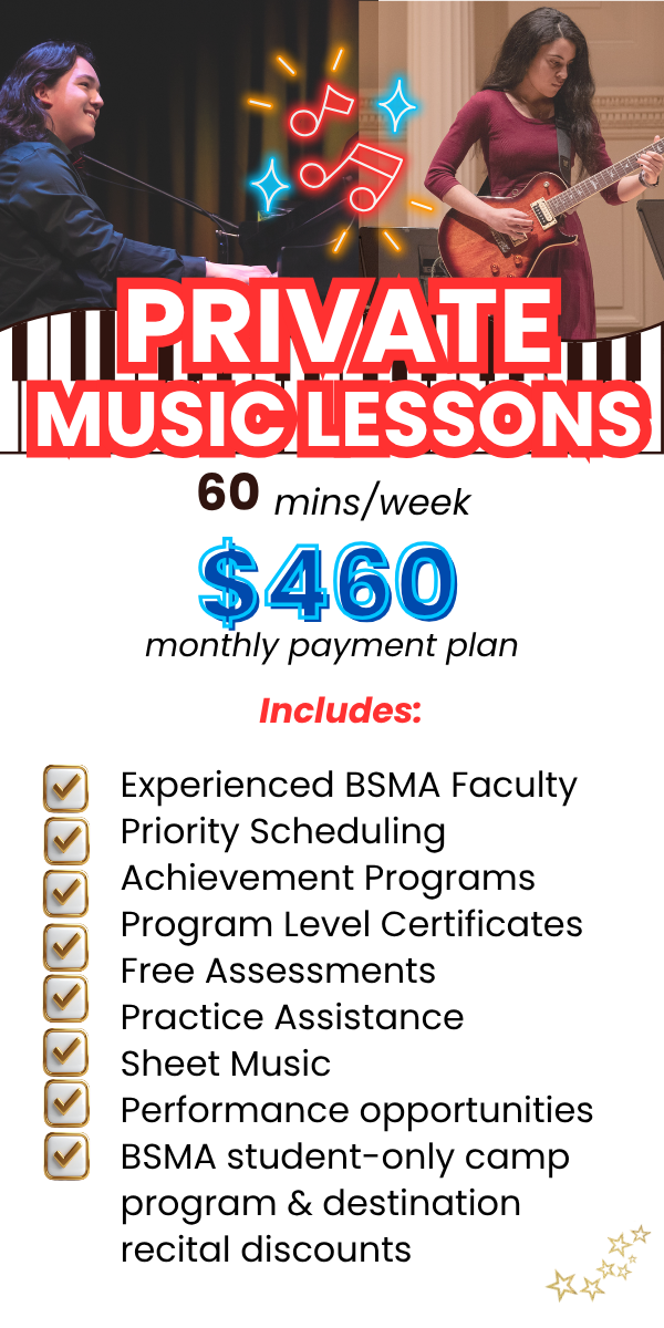 Boston School of Music Arts private music lessons students play together featuring a pianist and a guitarist, offering 60 minutes per week for $416 monthly with benefits like experienced faculty, priority scheduling, achievement programs, certificates, free assessments, practice assistance, sheet music, priority band placement, free performance opportunities, and student-only camp discounts. 