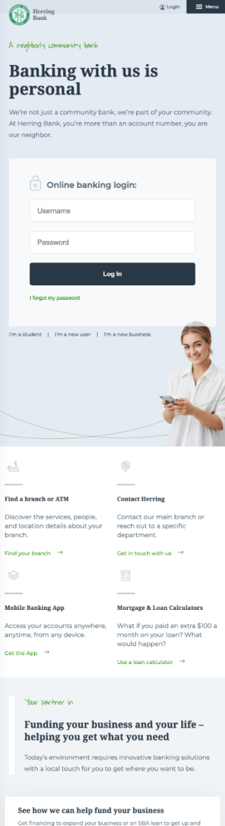 herring bank website home page mobile layout