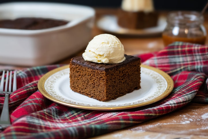 Gluten-free hot water gingerbread with vanilla ice cream and salted caramel sauce
