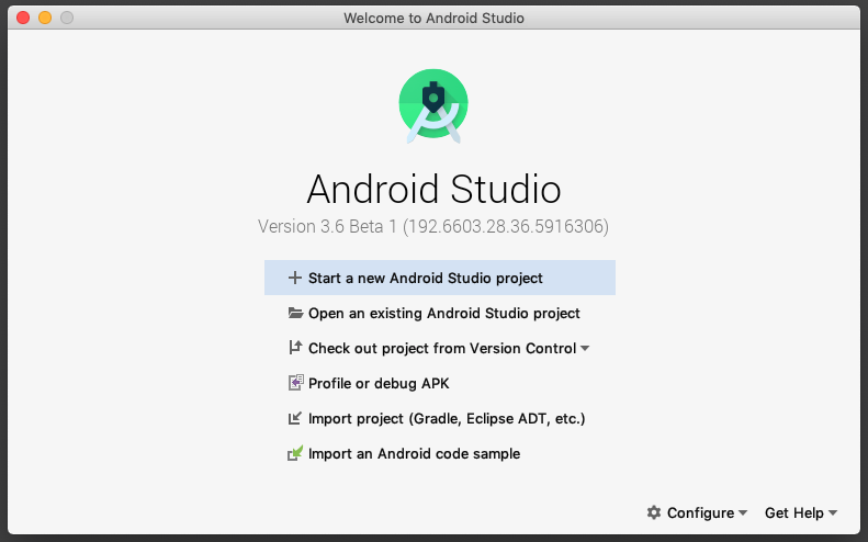 Android Studio startscreen