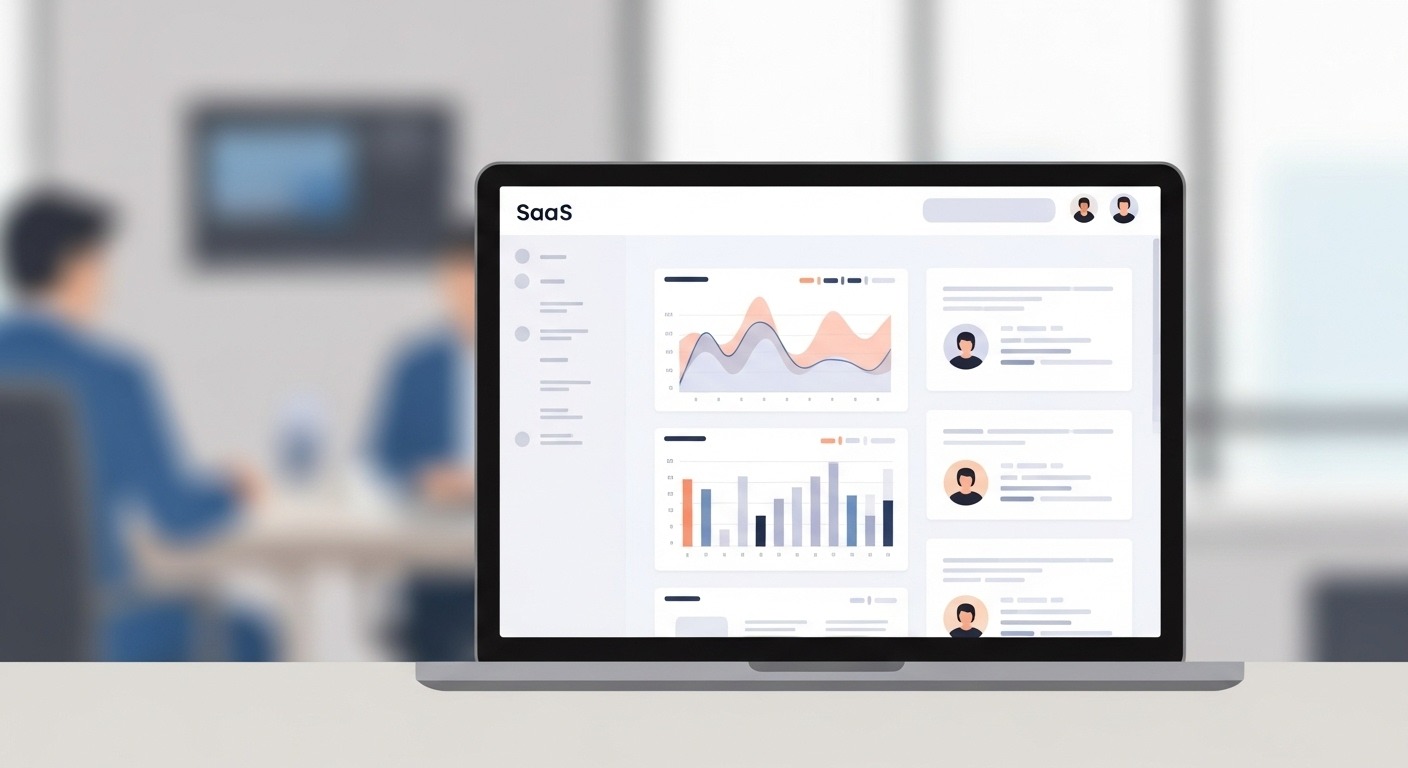 SaaS dashboard on laptop with analytics charts, user lists. Corporate office.