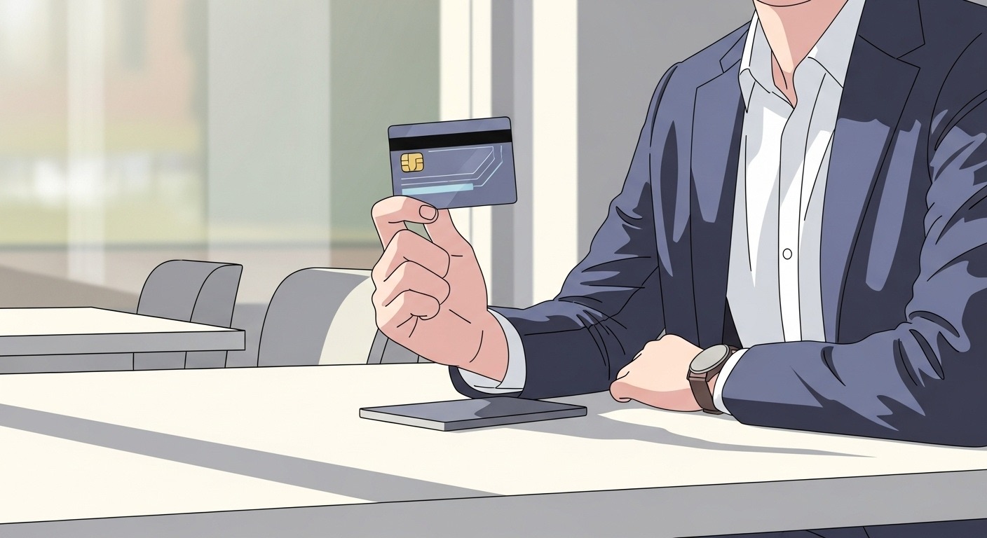 Creative freelancer in coffee shop holding sleek smart card. Professional, casual, natural light. (98 chars)