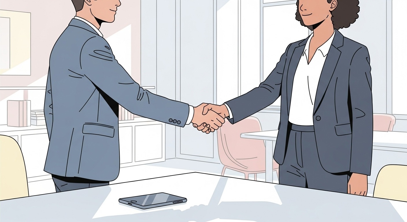 Business pros shaking hands in modern office. Smartphone on table. Sales success achieved. (79 chars)