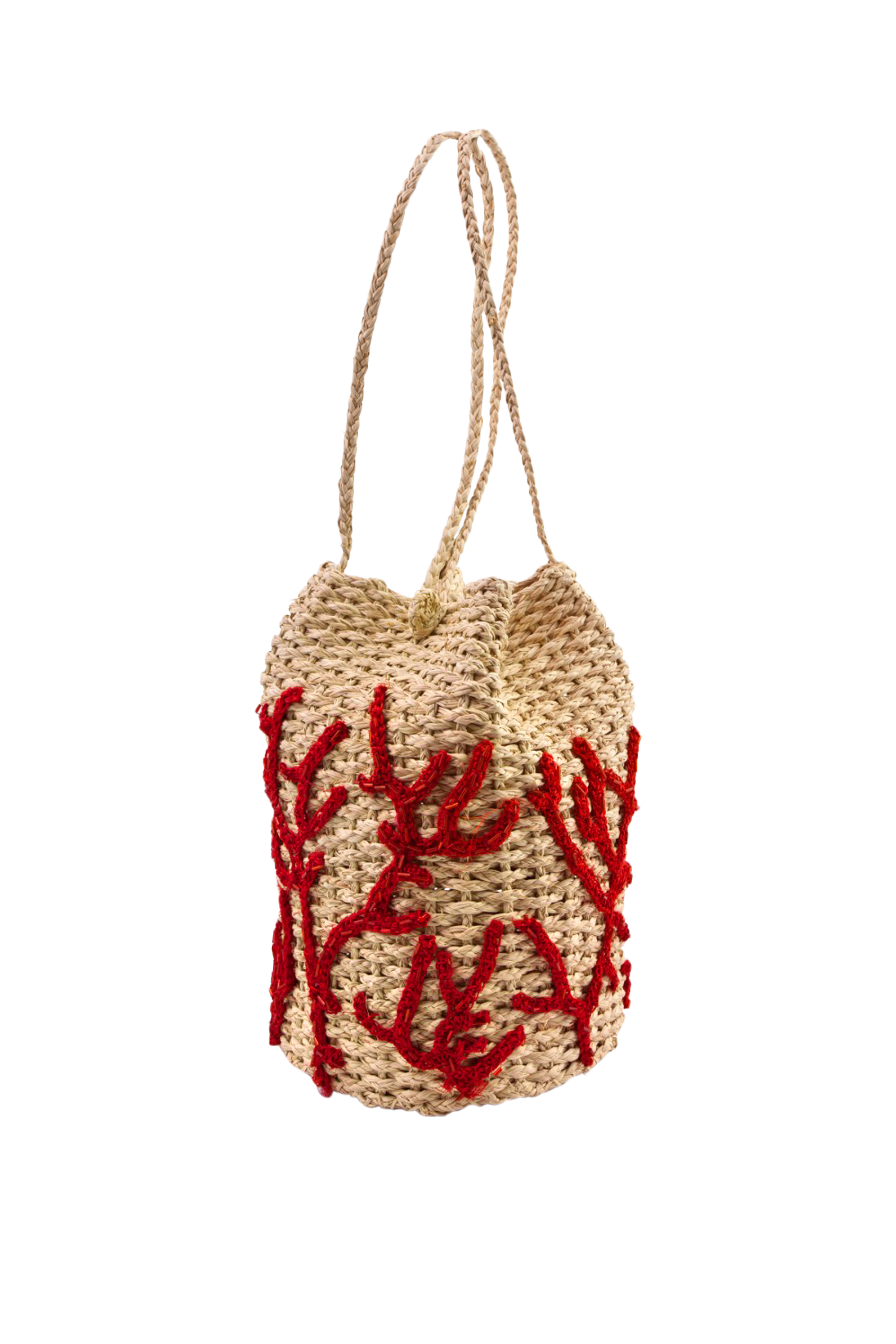 iraca basket handbag with coral design