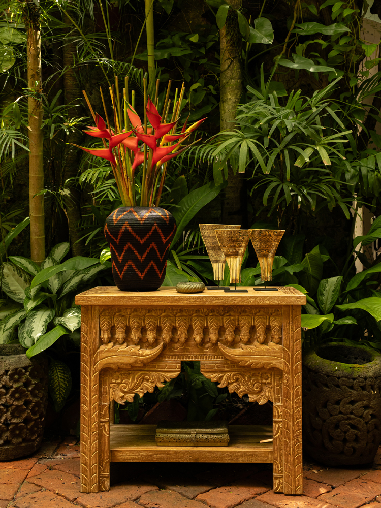 Balinese console carved teak - leaf design.