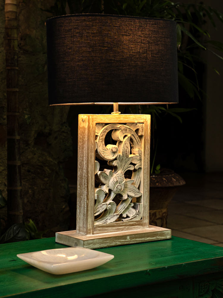 Carved wood table lamp