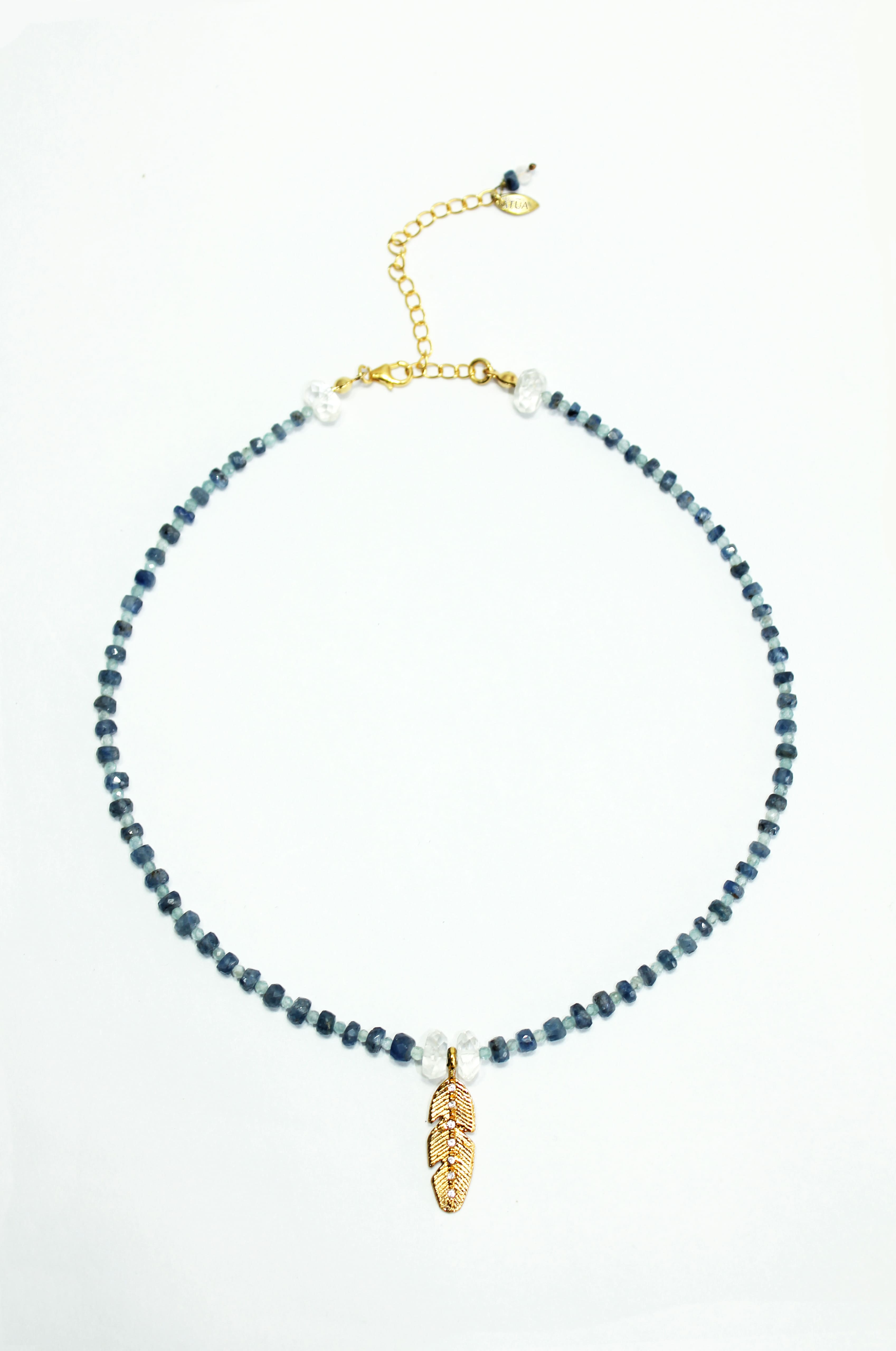 Blue sapphire and aquamarine feather necklace in gold plated silver.